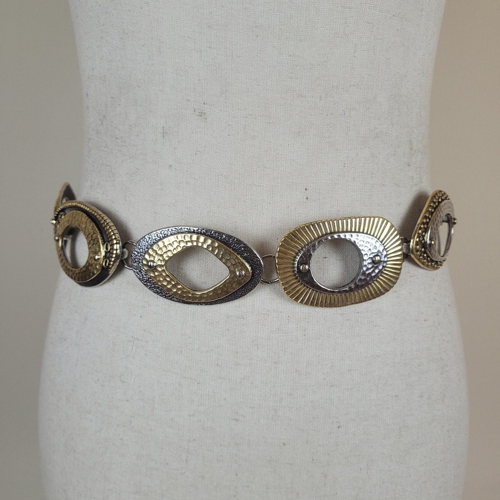 Chico's Belt OS Gold Silver Mixed Metal Hammered Oval Link Chain Adjustable Boho